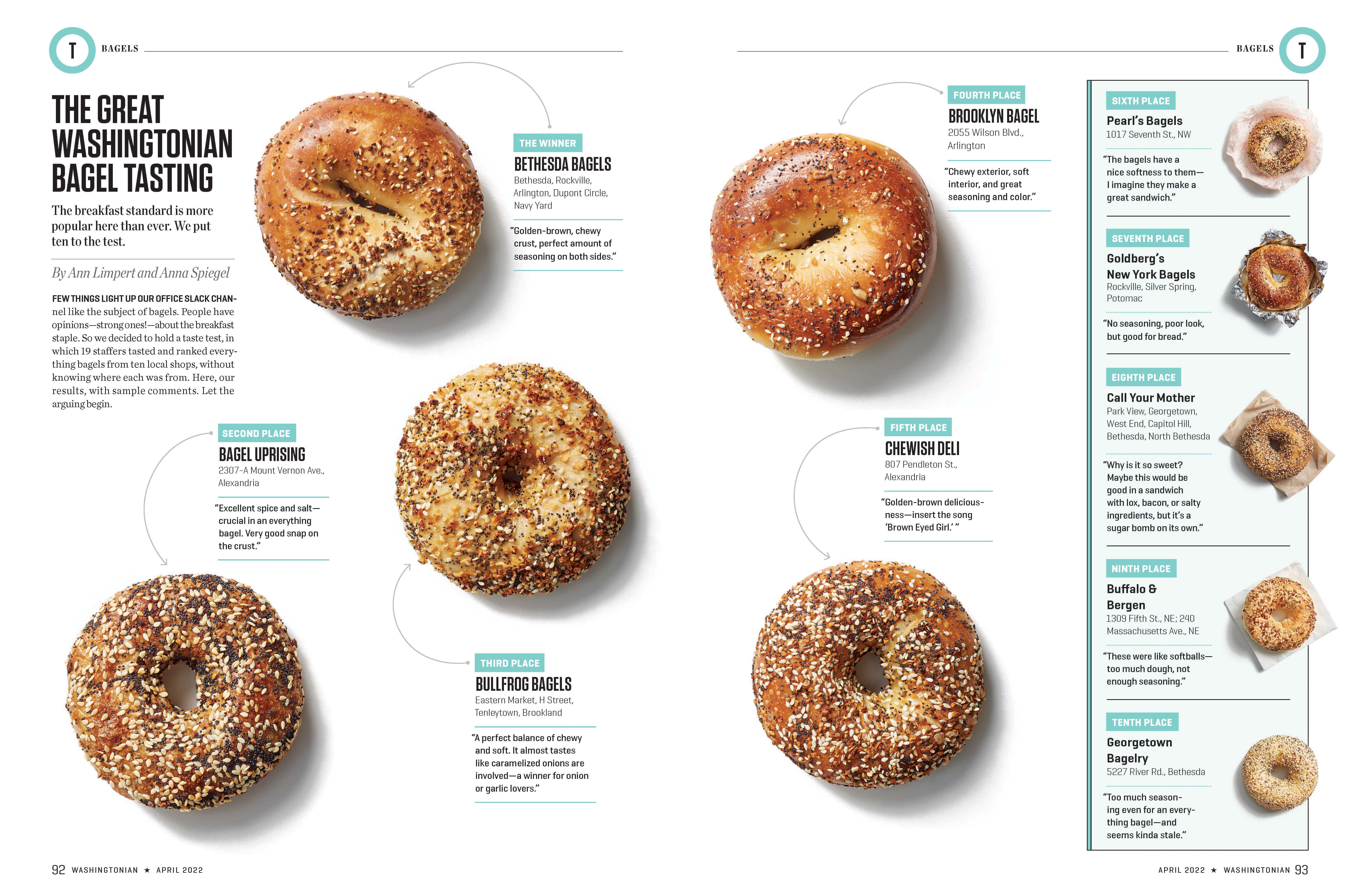 Bagel tasting feature spread from Washingtonian Magazine